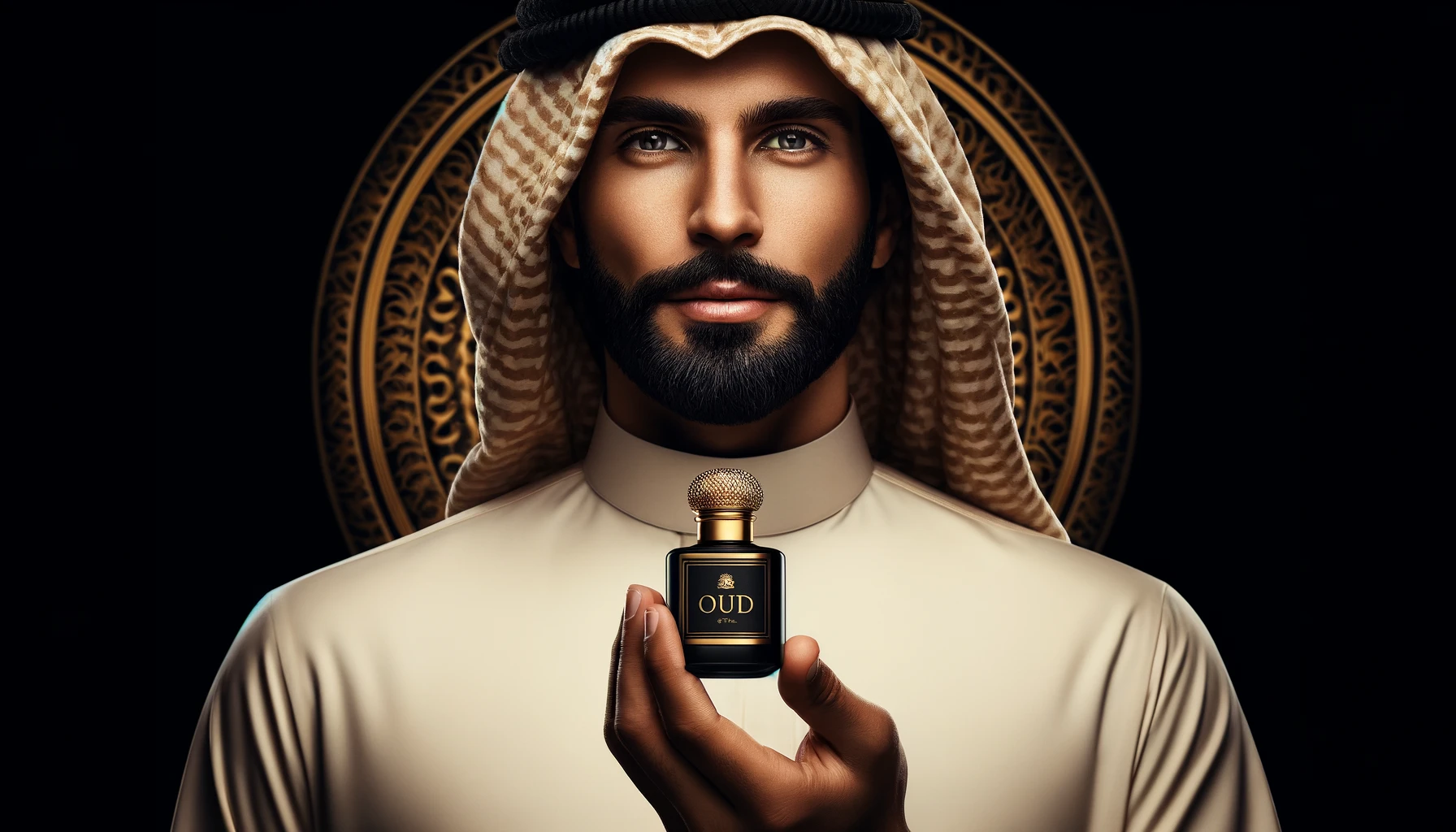 DALL·E 2024-04-24 14.53.23 - Create an ultra-realistic image of a Gulf man in traditional attire (thobe and shemagh), using an exceptionally small, perfectly cylindrical bottle of